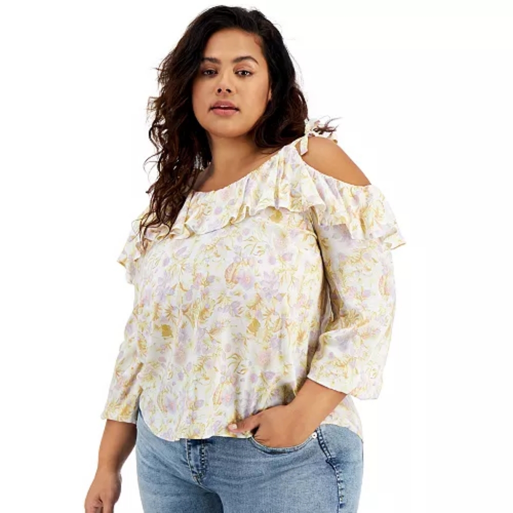 INC International Concepts Plus Size Cold Shoulder Ruffle Trim Top NWT